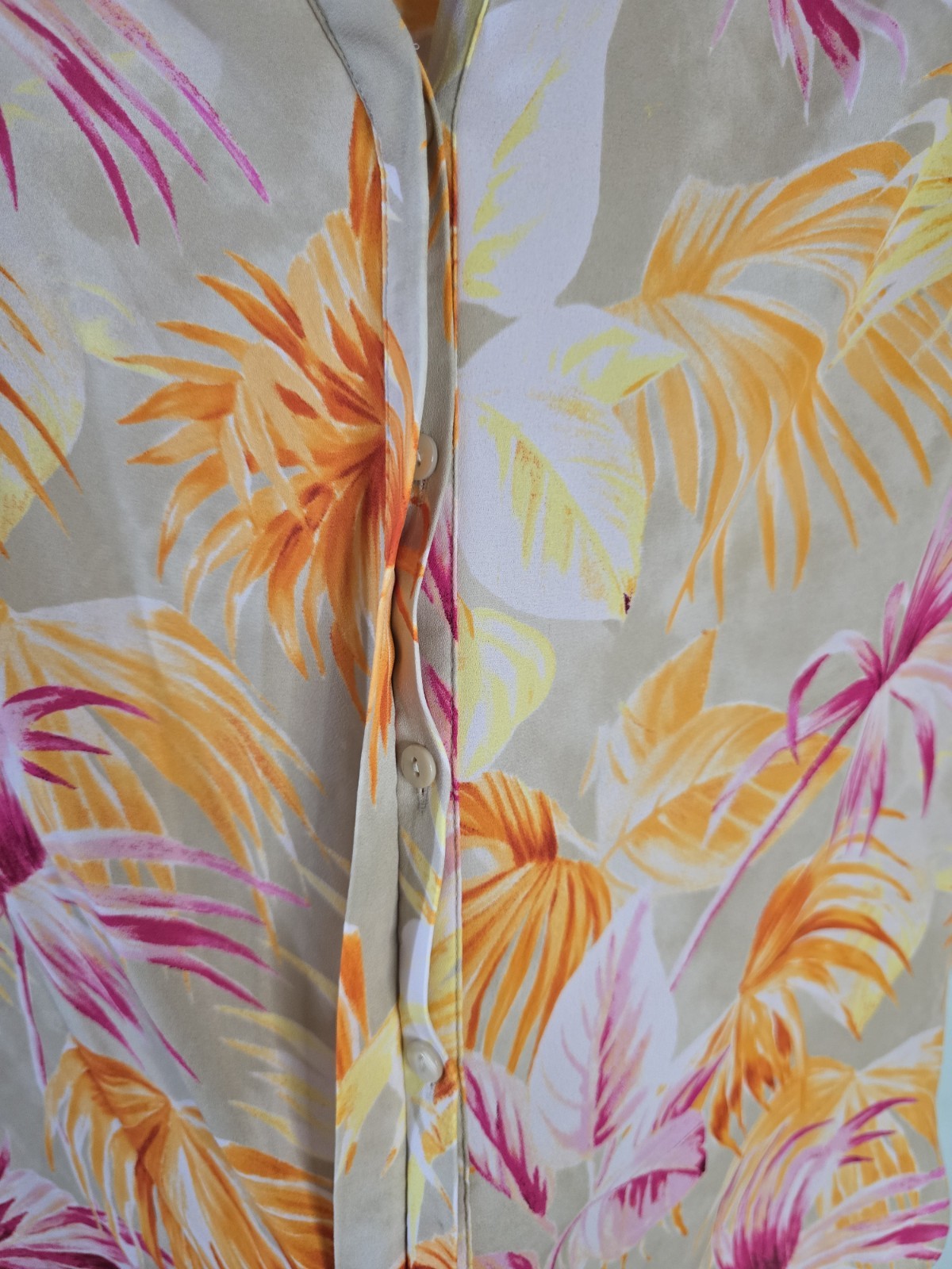 NYDJ Womens XS Tropical Palm Print Blouse Orange Pink 3/4 Sleeve Pleated V-Neck