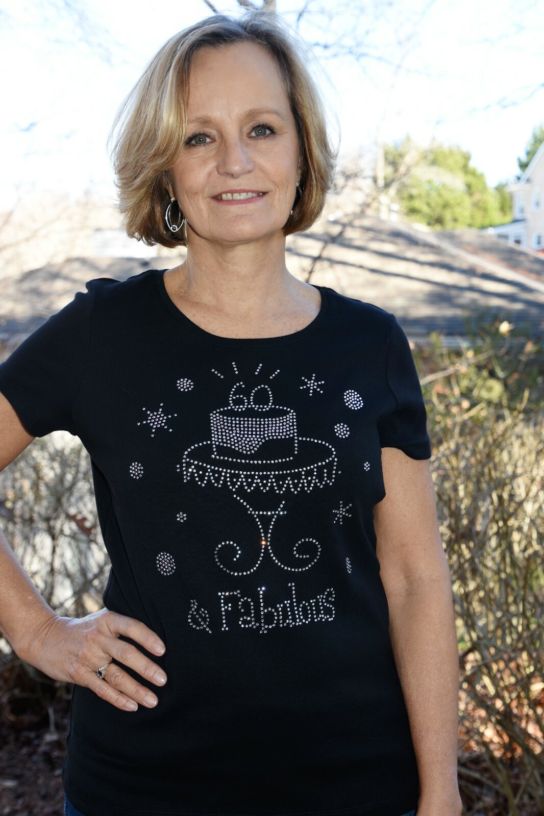 60th birthday rhinestone bling shirt size M 60 and Fabulous Birthday Cake