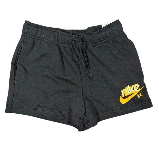 Nike Womens Mid Rise 4 Inch Shorts Black Yellow Logo FN3631-010 Size S NEW