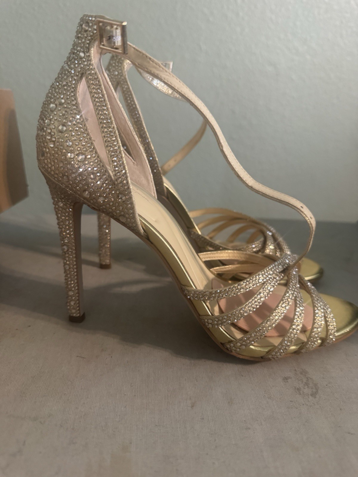 Jessica Simpson Women’s Gold Rhinestone Strappy Open Toe Stiletto Heels 9