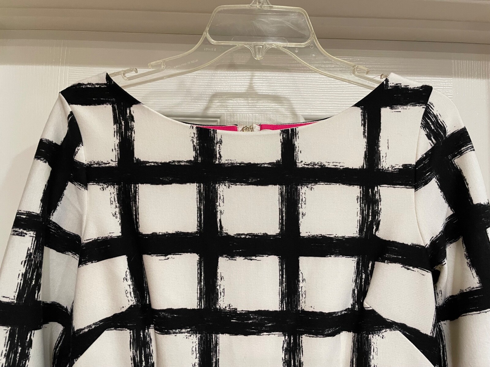 ELIZA J Dress-White Polyester Knit Sheath, 3/4 Sleeve, Black Grid, Lined, Size 8
