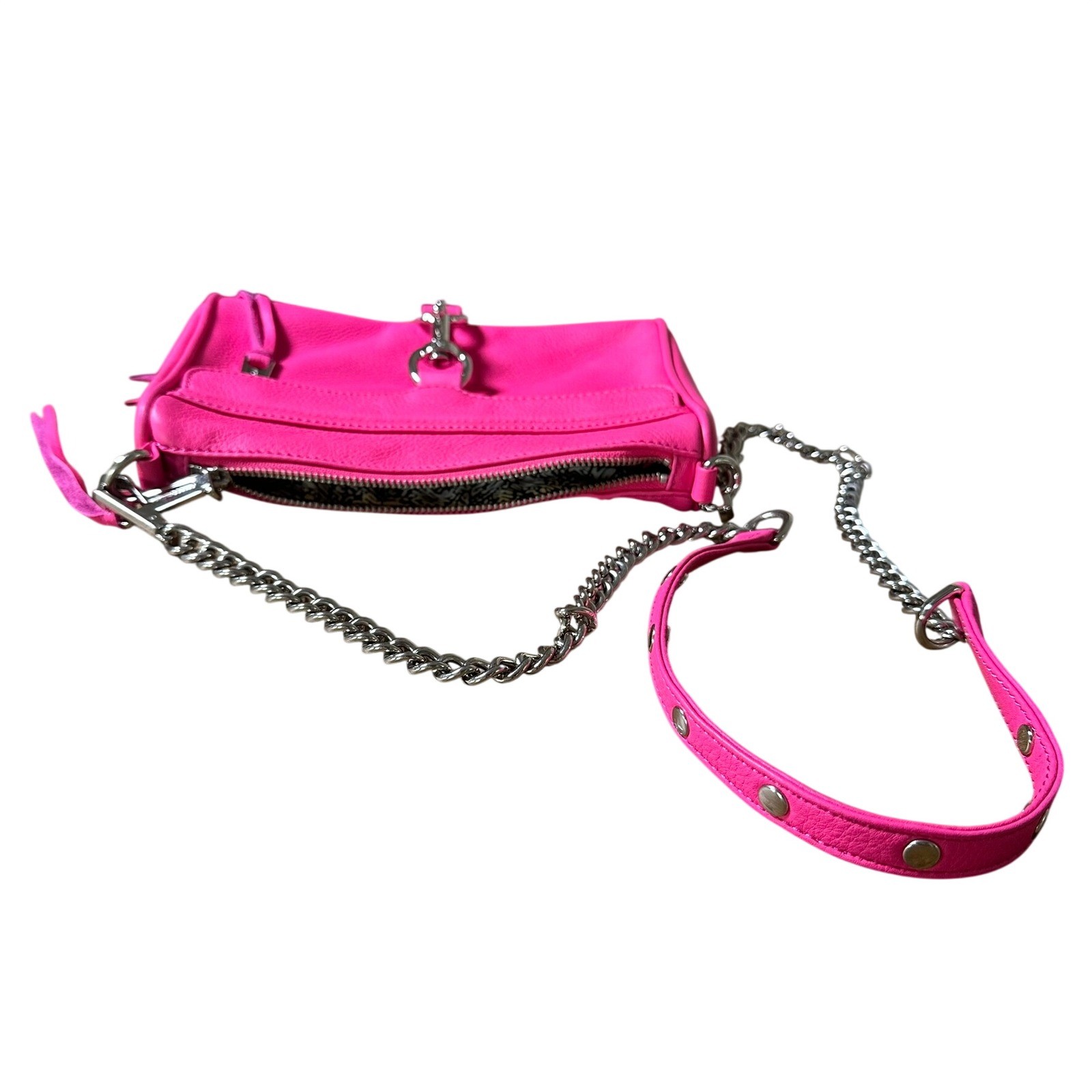 Rebecca Minkoff Mini MAC Crossbody HandBag Purse Neon Pink Leather Silver