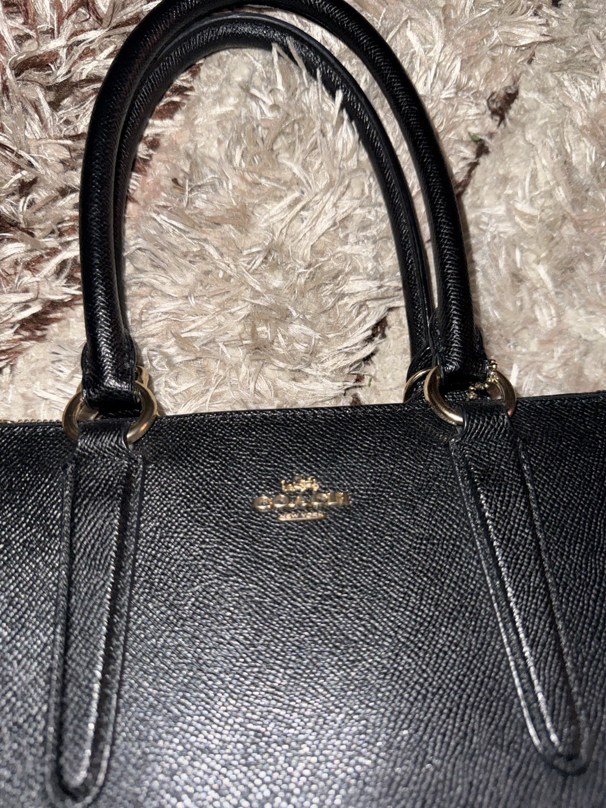 Coach Madison Black Pebbled Satchel Top Handle Double Zip Pockets Studs Gold