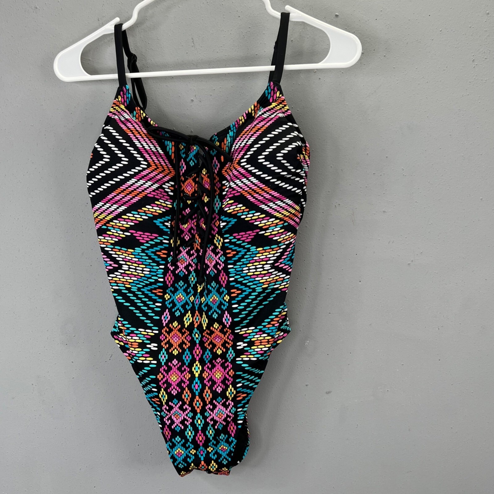 Beach Betty Miracle Brands Swimsuit size S One Piece Black Mosaic Lace Up NWT