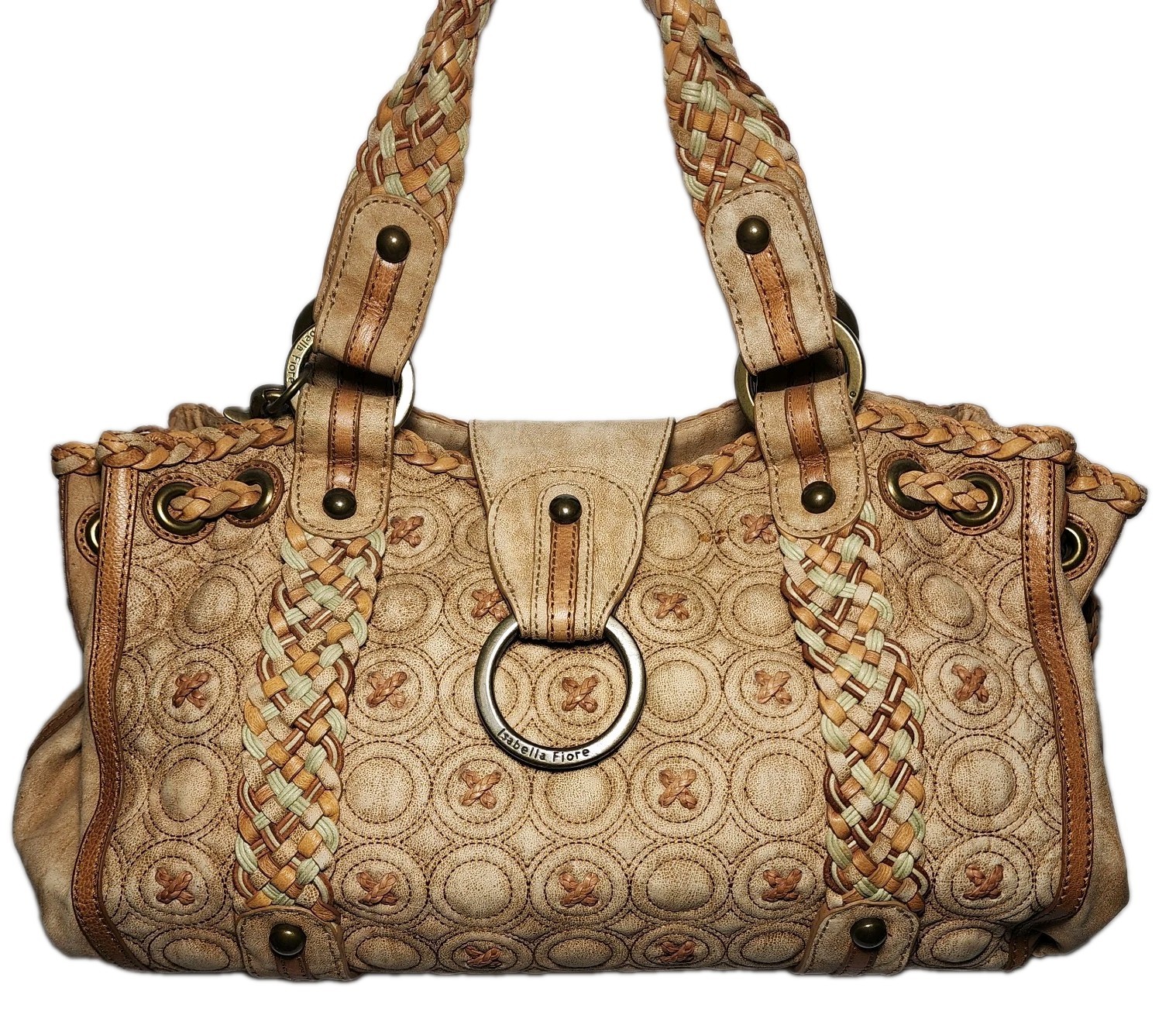 ISABELLA FIORE KISSES AND HUGS EMBROIDERED X’S AND O’S LARGE LEATHER HANDBAG$739