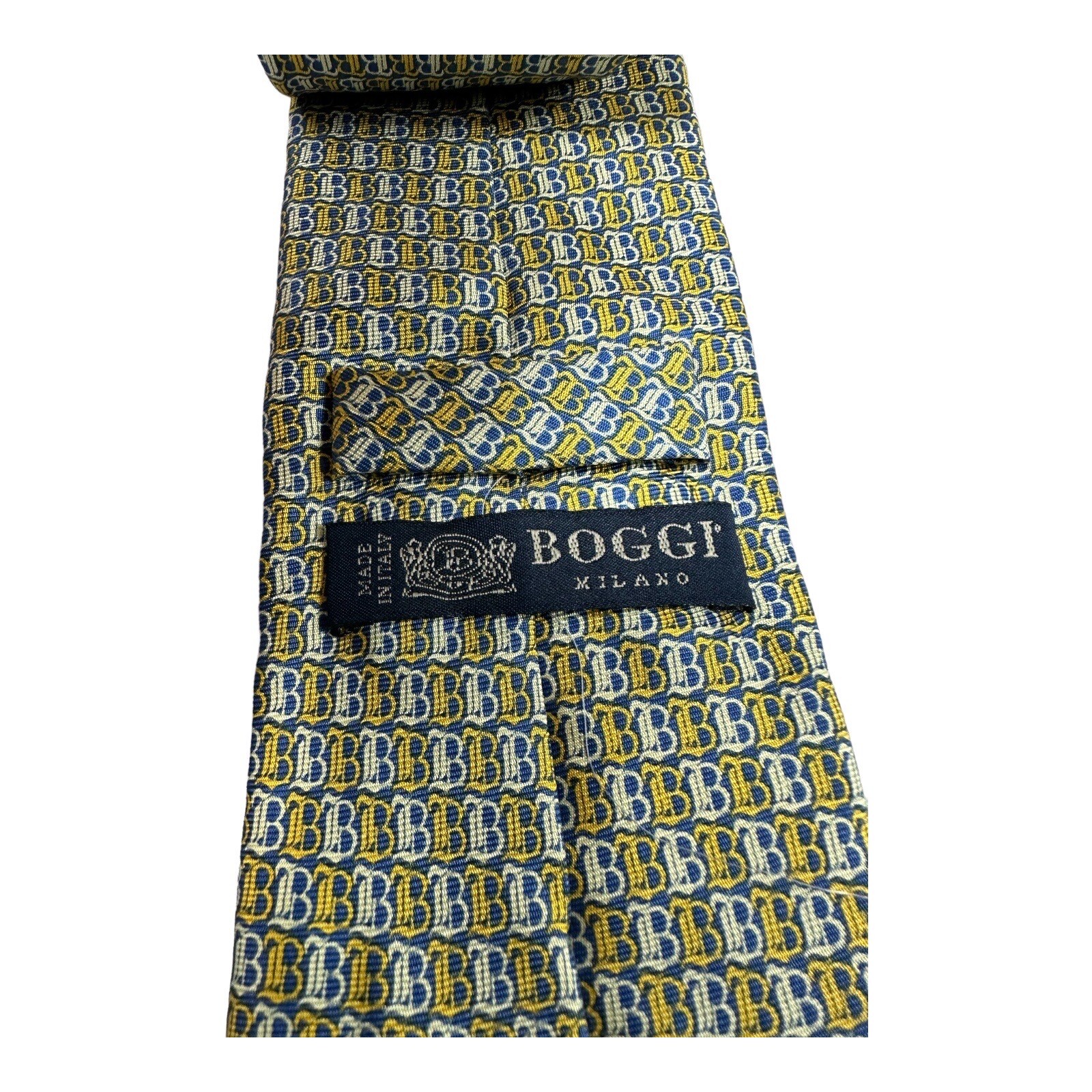 Boggi Milano Blue Yellow Monogram Pure Silk Mens Tie 3.5 Inches
