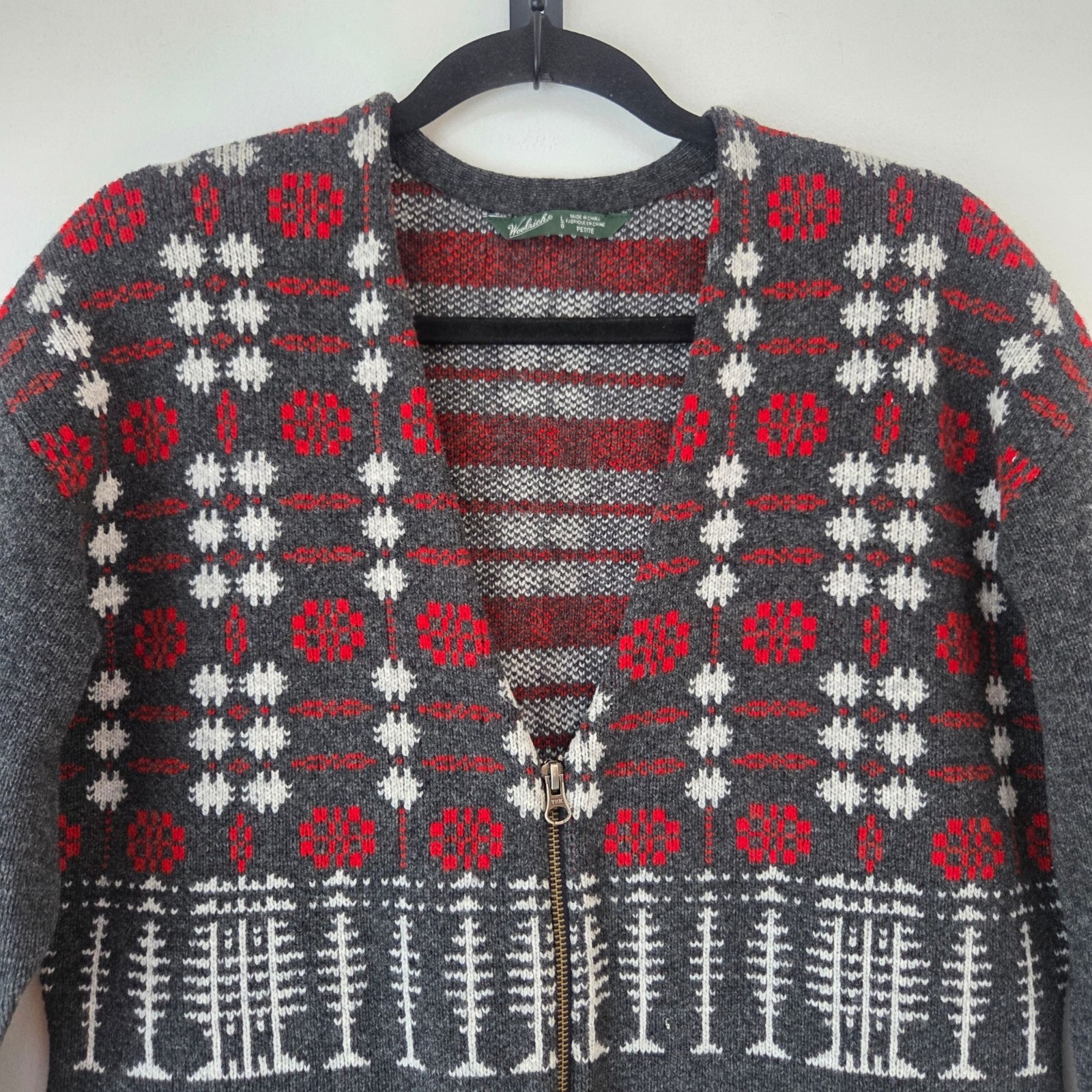 Woolrich 100% Wool Grey Cardigan Fair Isle Sweater Zip Front Women’s L