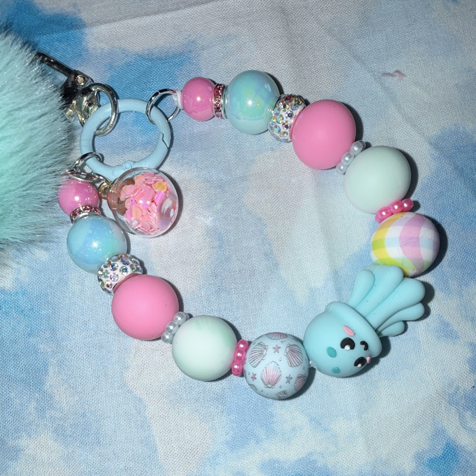 Blue/Pink/White Cute Octopus Beaded Wristlet Key Chain/Bag Charm w/Pom Pom