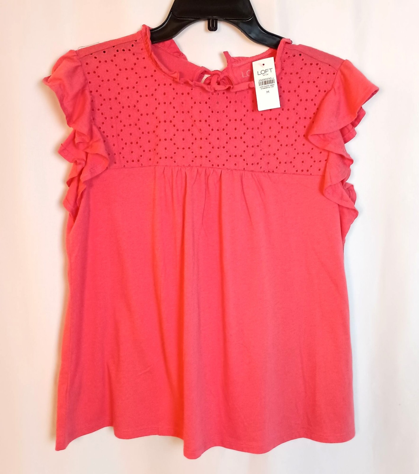 Ann Taylor Loft Ann Taylor Eyelet Yoke Ruffle Sleeve Back Tie Blouse Coral M NWT