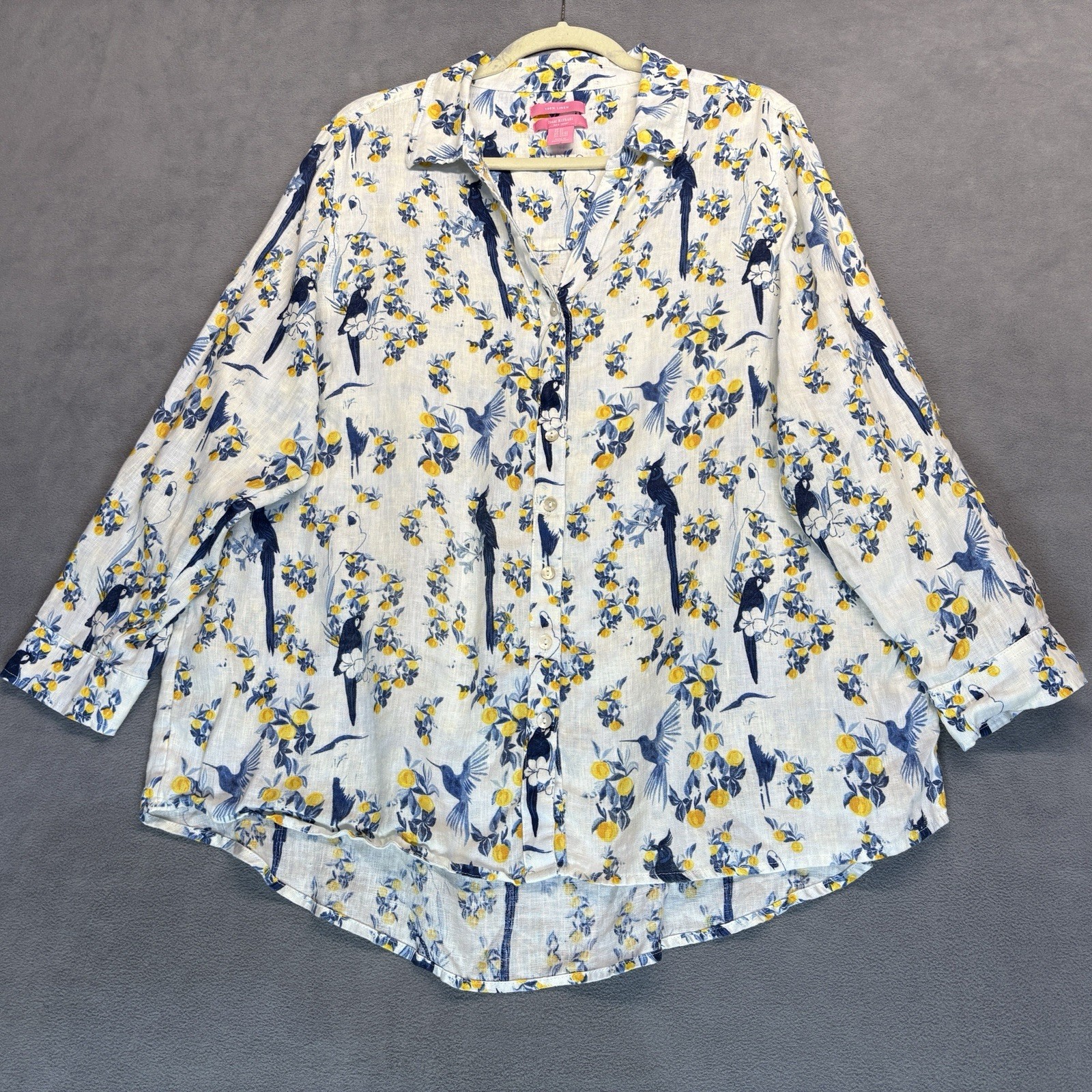 Isaac Mizrahi Size 2X 100% Linen Blouse Blue Yellow Bird Floral Roll Tab Sleeve