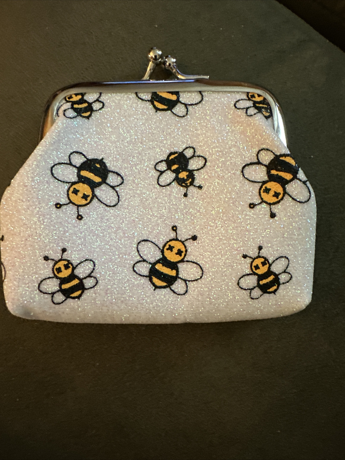 White With Multi Colored Glitter XS Coin Change Purse With Black And Gold Bees