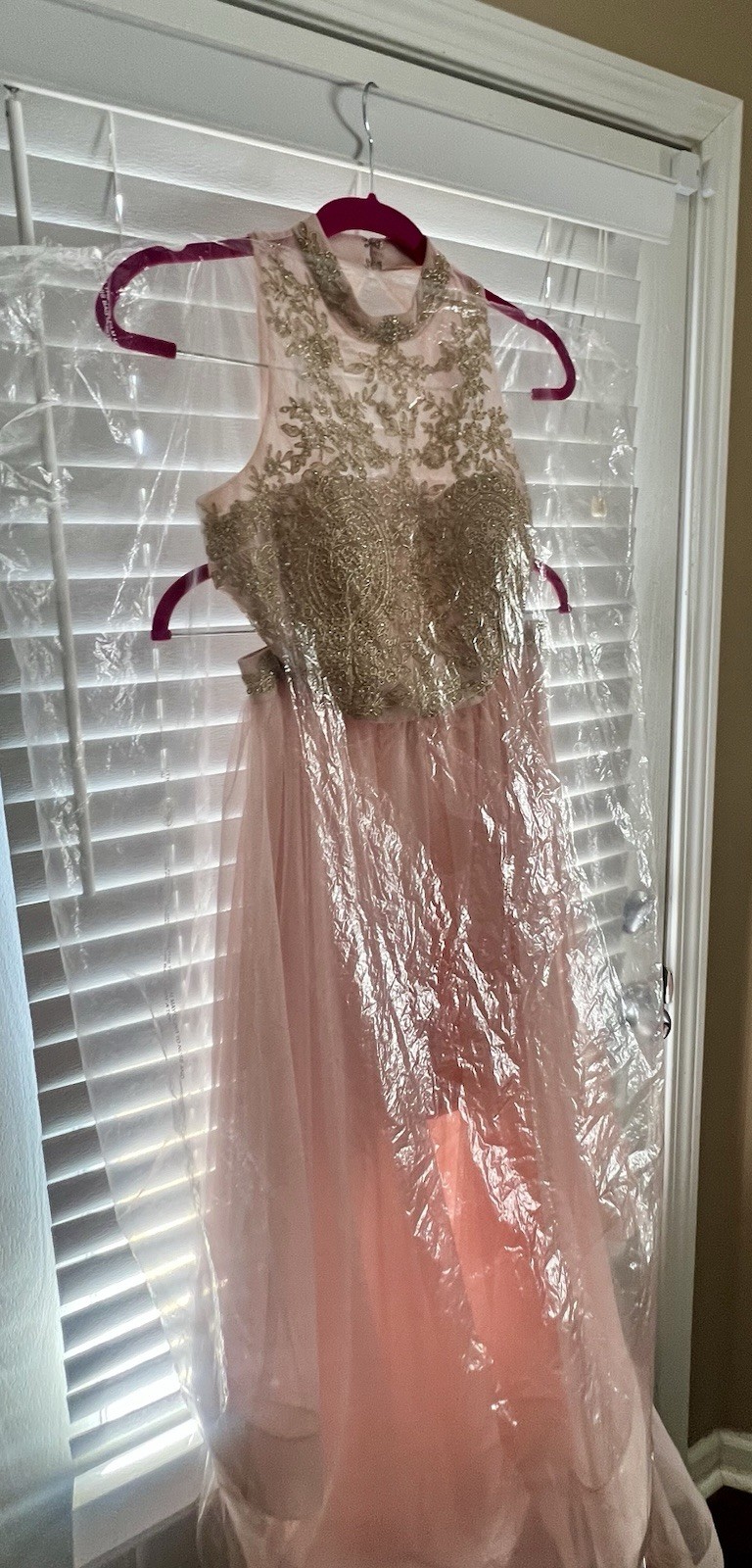Gold Embroidered Sleeveless High Neck Top & Pink Layered Tulle Long Formal Dress