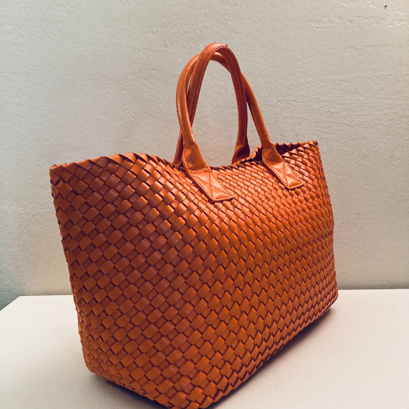 Woven Nappa Leather Tote Bag 21″ Intrecciato Shopper Lambskin Orange Large