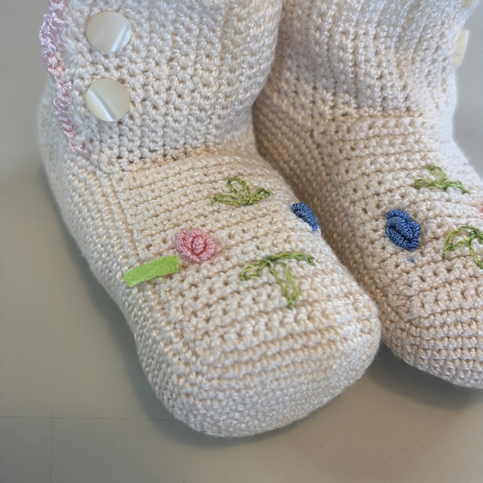 Vintage Hand Crocheted Ivory Pink Blue Flower Infant Booties
