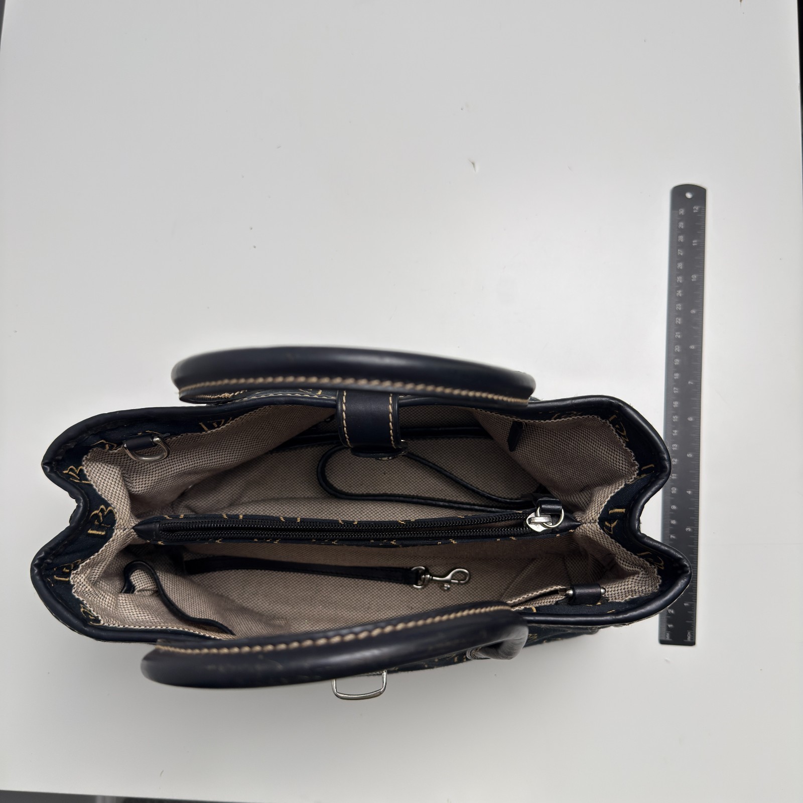 Dooney & Bourke DB Monogram Satchel Purse Black Gold Leather Trim Push Lock