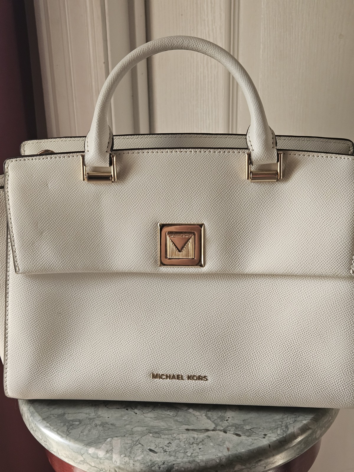 Michael Kors Medium White Pebbled Satchel Top Handle Zip Detachable Strap