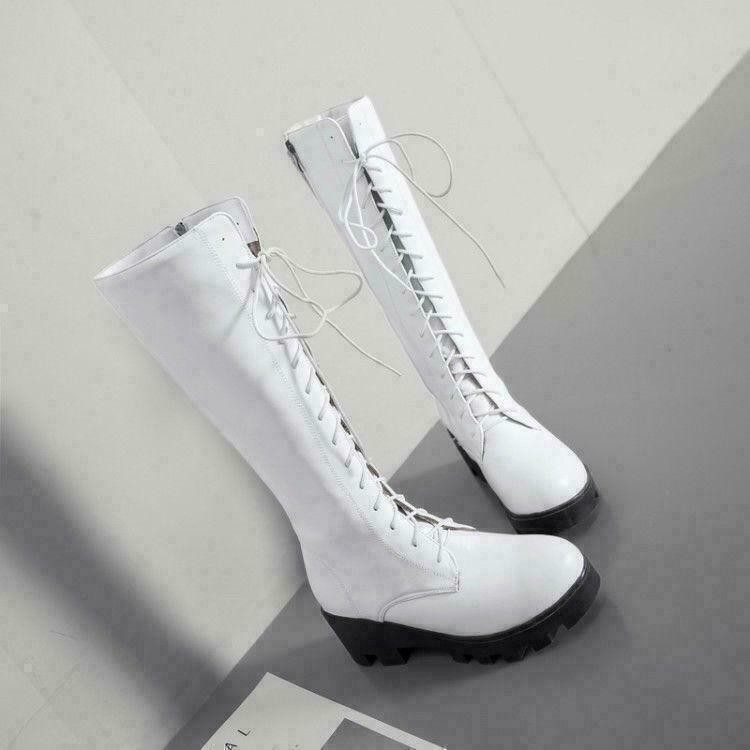 Womens Gothic Round Toe Combat Knee High Boots Retro PU Leather Lace Up Shoes