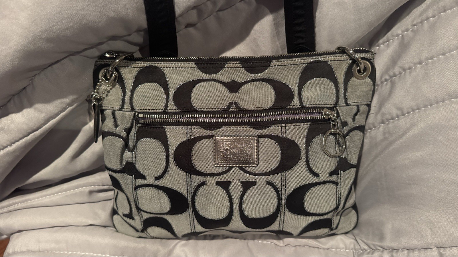 Coach Signature Logo Gray/Black Crossbody Bag Silver Hardware Purple Lining