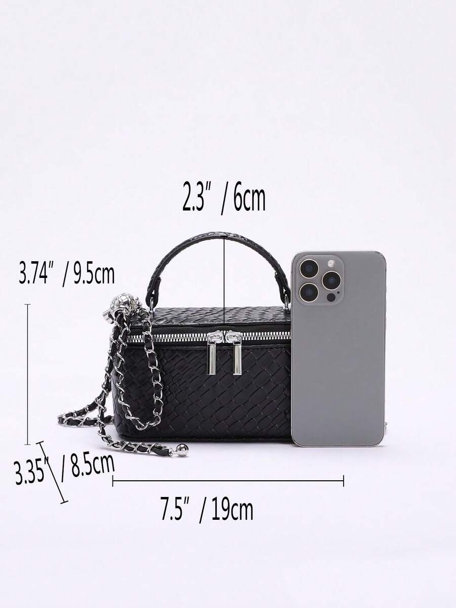 Mini Quilted Box Bag Rhinestone Embroidery Zipper Handbag Chain Strap Purse