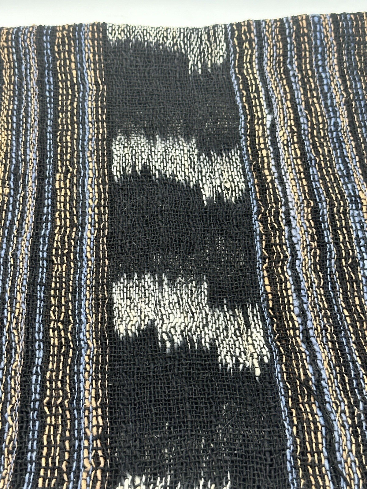 Hand Woven Scarf Hemp Open Weave Blue Tan Black & White