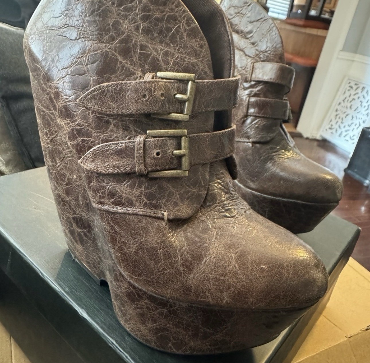 MIA Limited Edition Brown Leather Platform Wedge Ankle Boots Buckle US 8