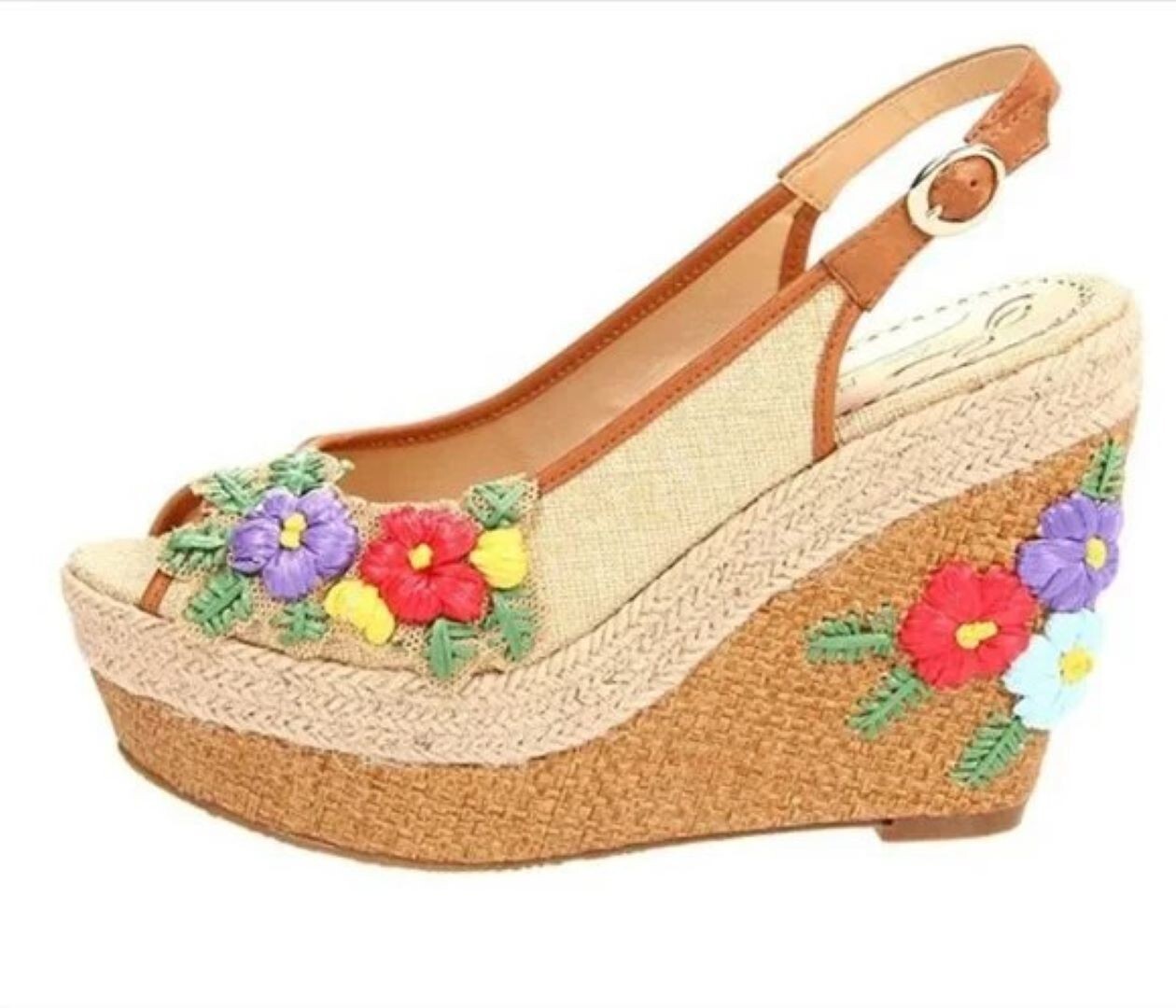 Poetic Licence 8.5 Sandals Natural Petal Pusher Floral Fabric Leather Wedge Shoe