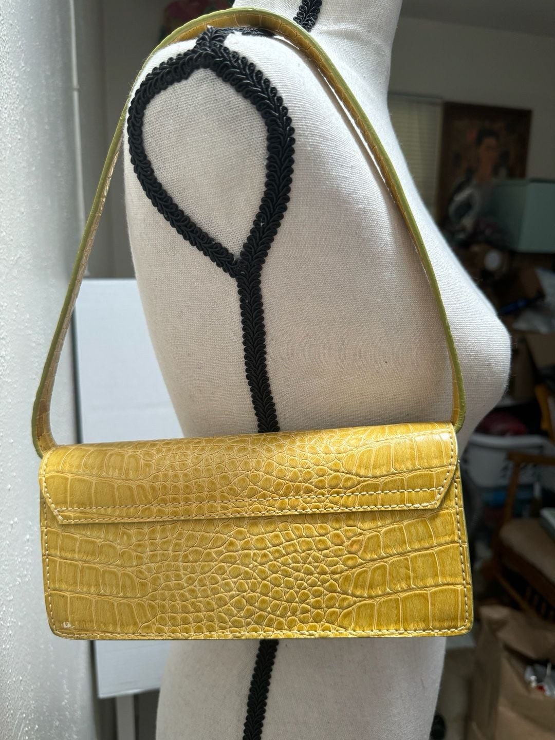 Liz Claiborne Accessories Yellow Faux Croc Embossed Shoulder Bag with Floral Int
