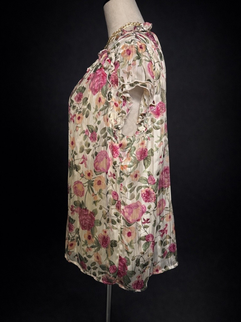 Romantic Floral Lurex Blouse Ruffle Sleeve Detail