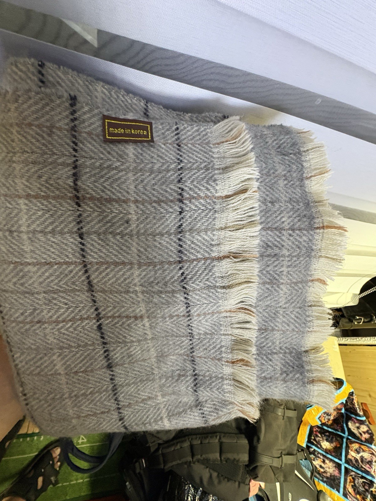 Gray Plaid Wool Woven Rectangle Scarf with Fringe, Women’s 38×21 in