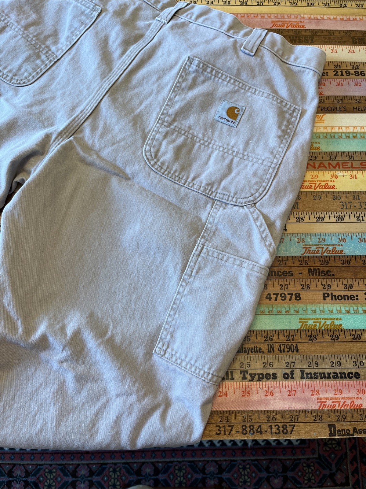 Carhartt Canvas Work Pants Mens 38×30 Khaki Utility Carpenter Cotton Paint Splat