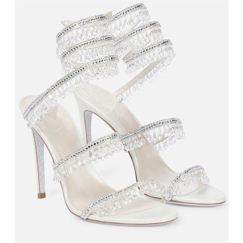 Women Glitter Crystal Rhinestone Tassels High Heel Stiletto Shoe Open Toe Sandal