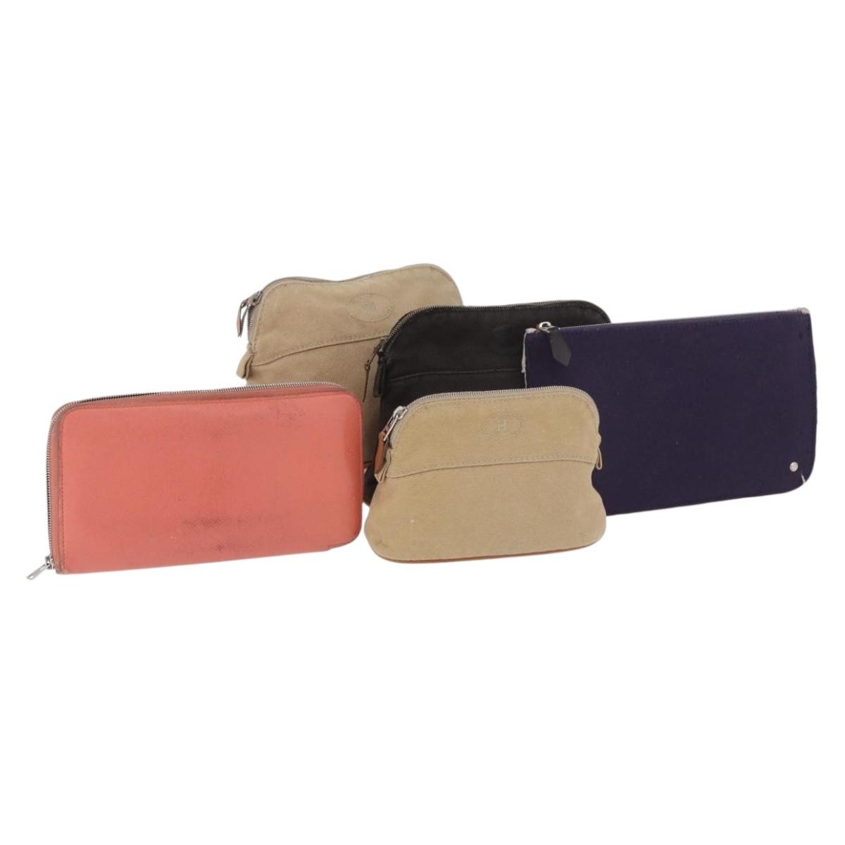 HERMES Pouch Canvas Leather 5 Set Beige Pink Purple Auth ti3991