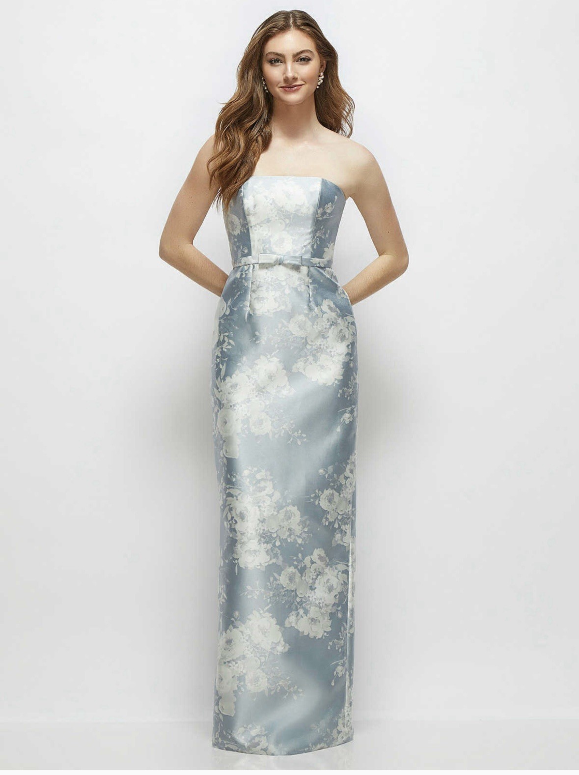 Alfred Sung Satin Strapless Floral Bridesmaid Dress Blue/White Size 6 MPN D880FP