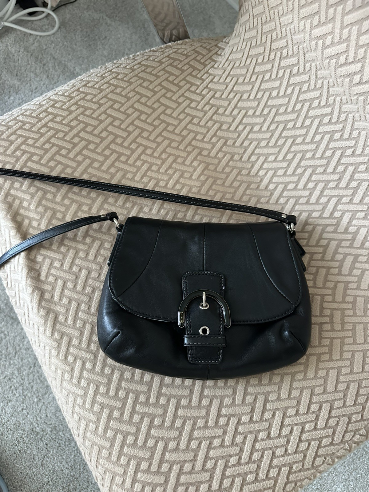 Coach SOHO Black Leather Magnetic Buckle Flap Small Crossbody Shoulder Bag