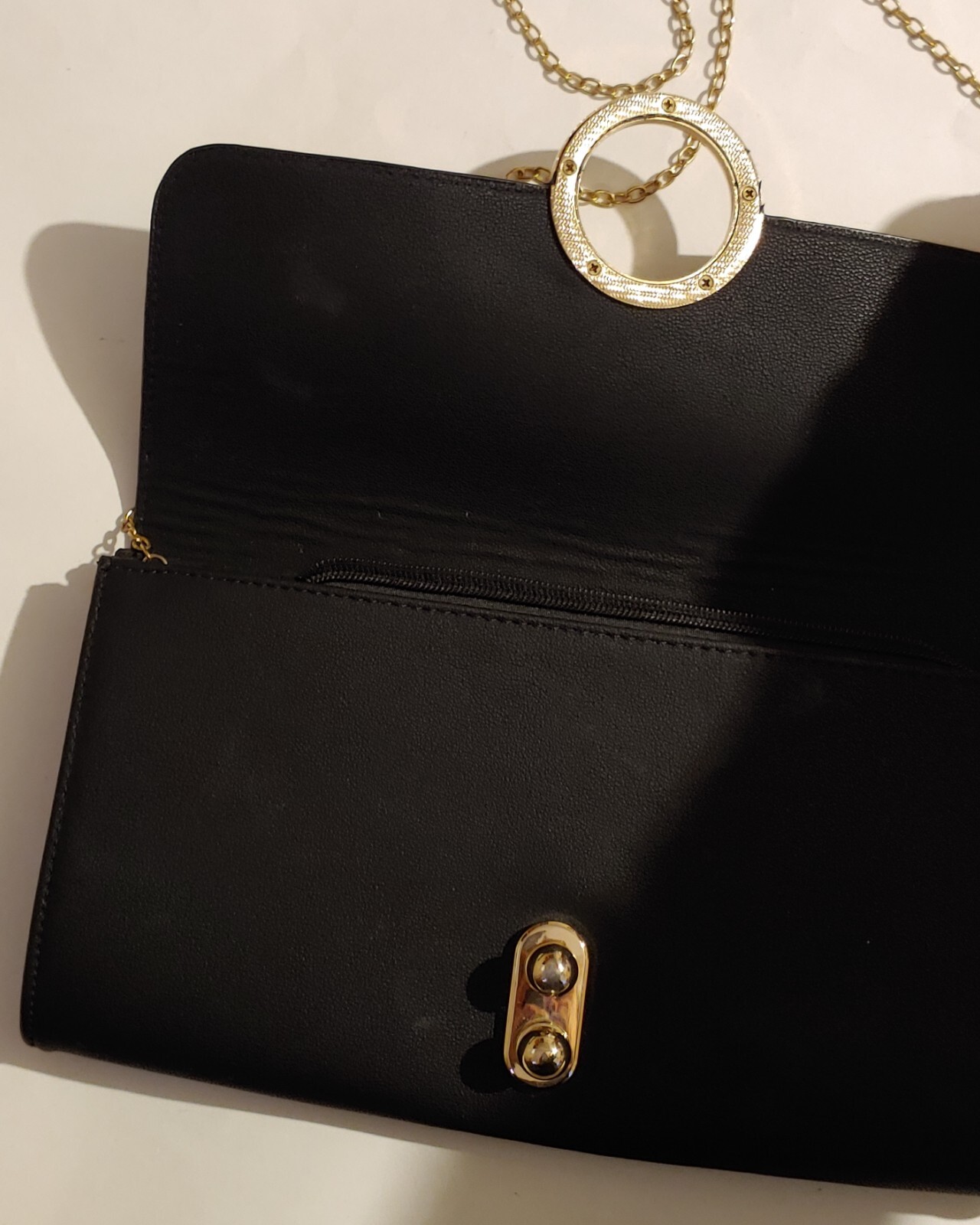 Shoulder Bag Black Faux Leather ( Snap As Shown ) Chain Strap – 12 in x 6 1/4 in