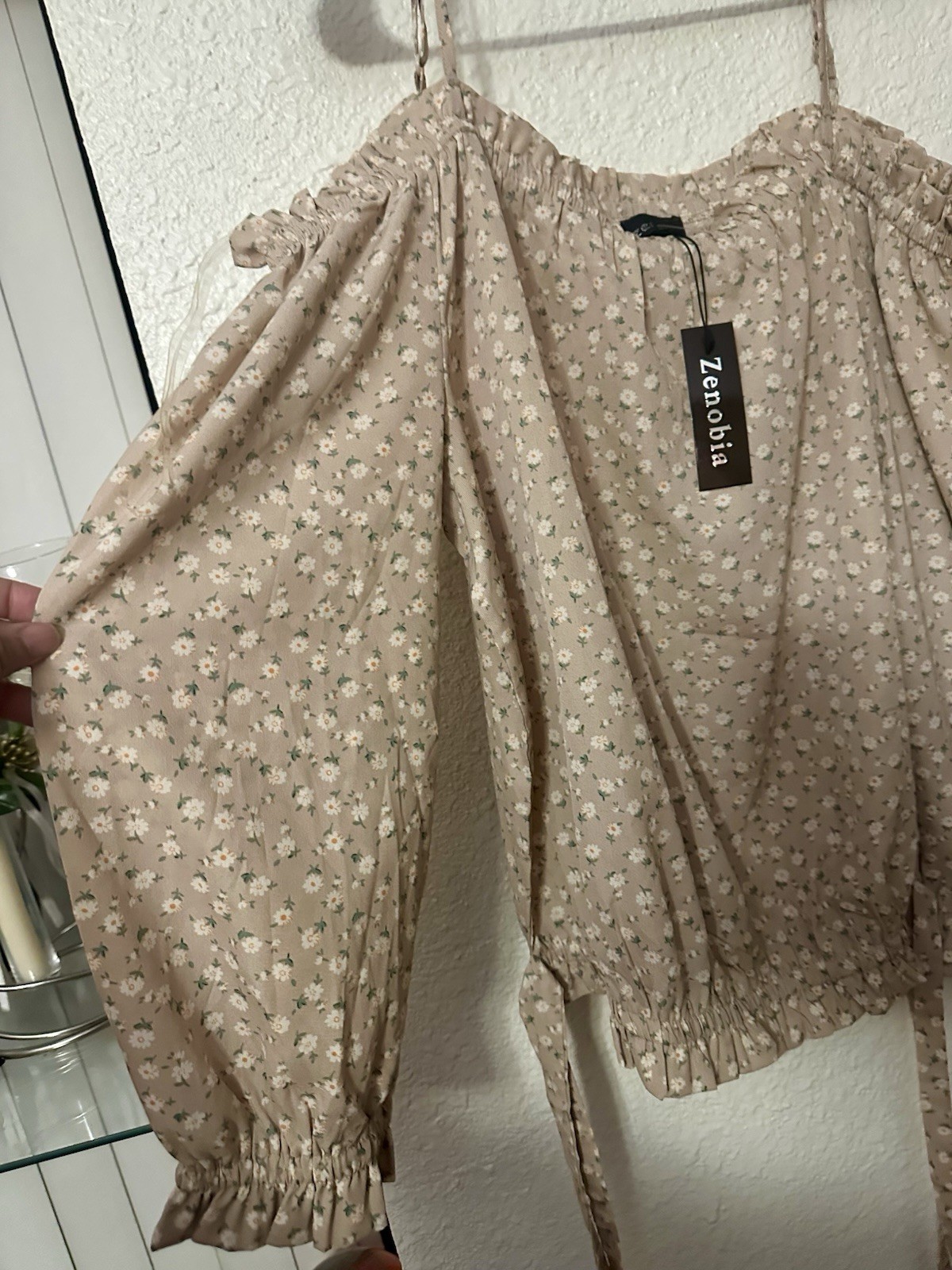 Zenobia Off-Shoulder Long Sleeve Floral Chiffon Ruffle Tie Blouse 2XL