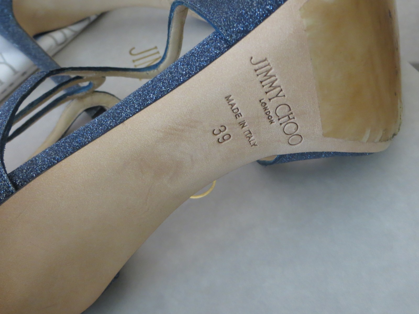 Pre-Owned Jimmy Choo Blue Fine Glitter Strappy Lang Sandal Heels 39M