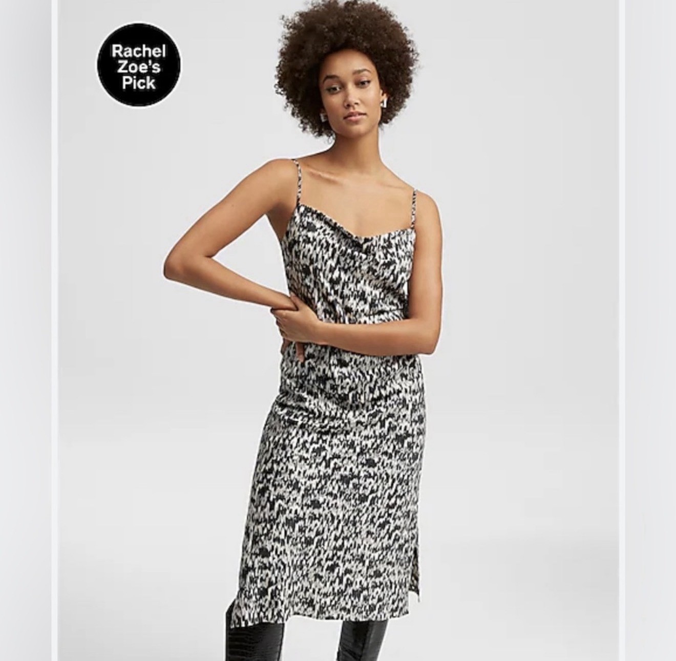 Express Satin Women L Midi Slip Dress Black Grey Metallic Cowl Neck Side Slits