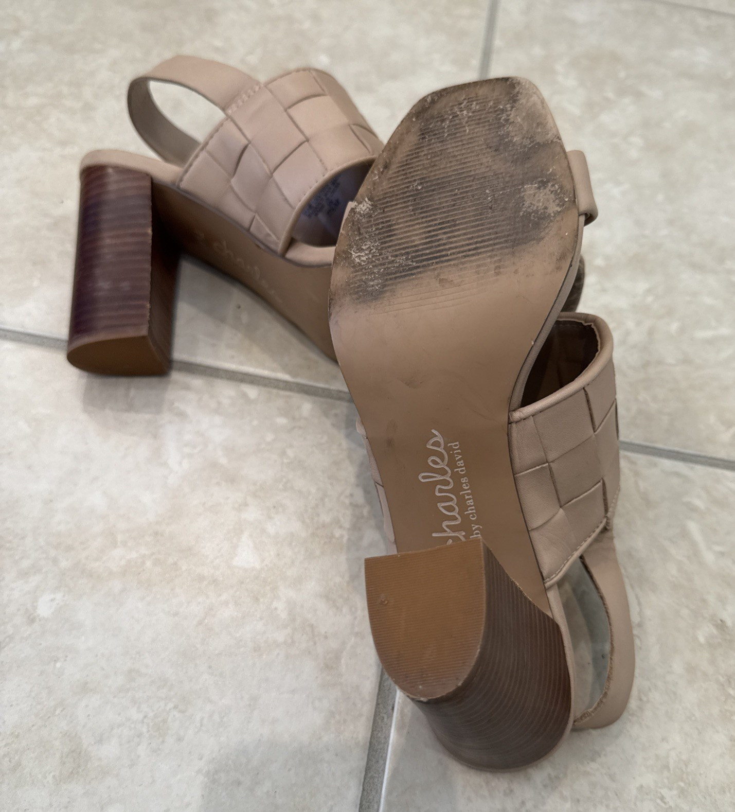 Charles By Charles David Leather Maison Beige Nude Sandle Block Heels Size 7.5M