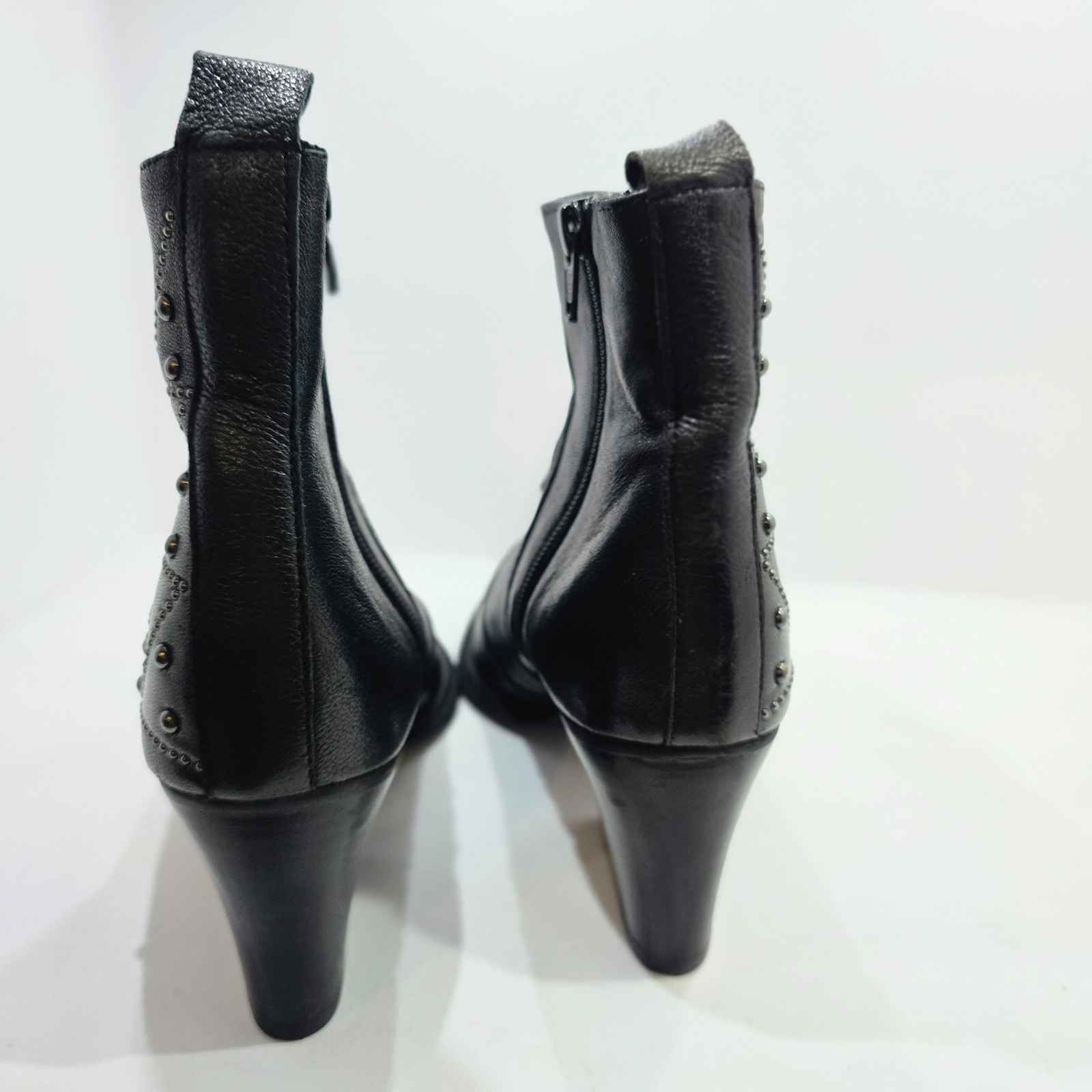 Emanuele Crasto Made in Italy Studded Western Ankle Boots Black Leather Point 38