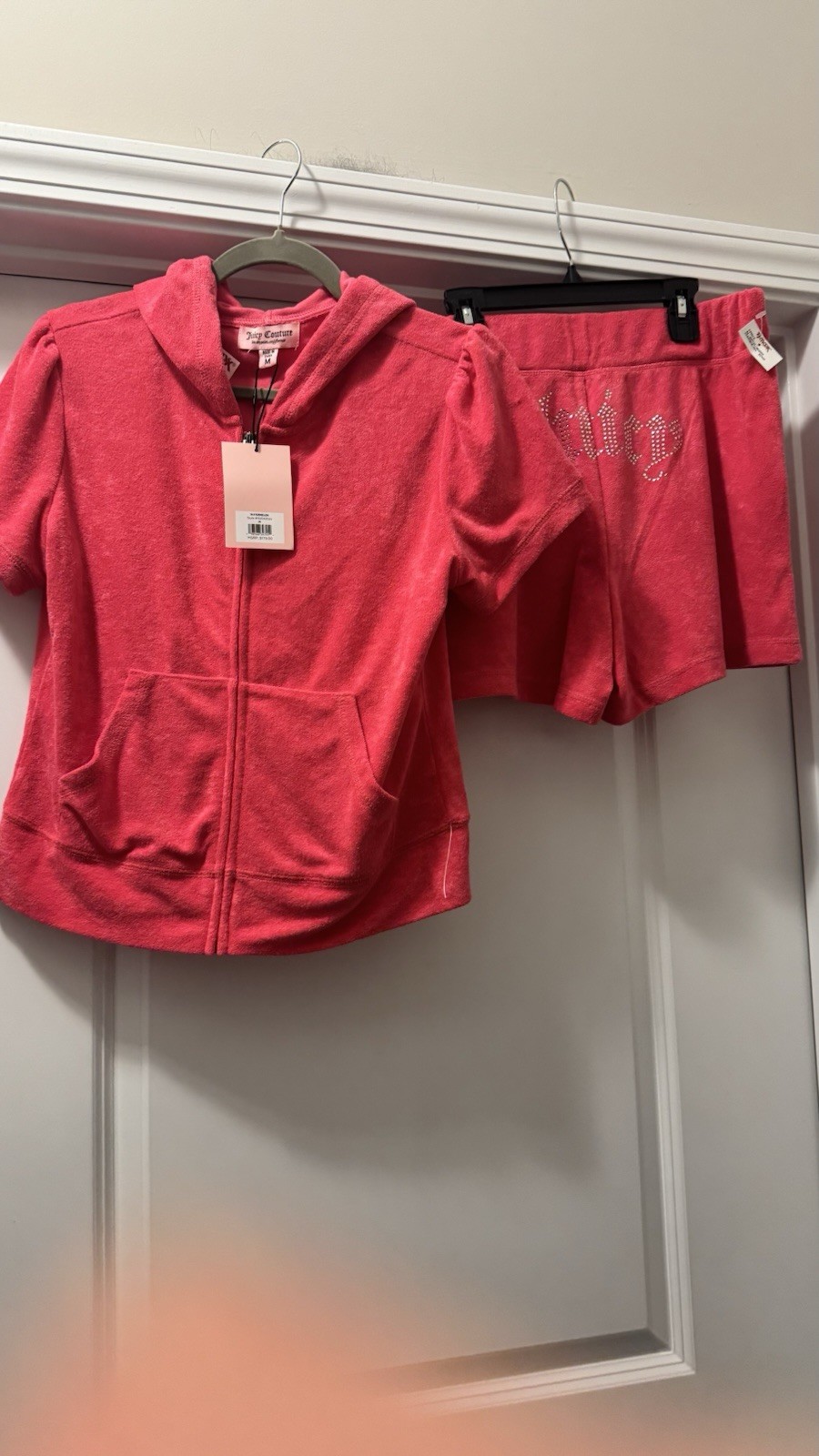 JUICY COUTURE Bling Towel Terry Tracksuit Shorts Hoodie Pink Watermelon M NWT