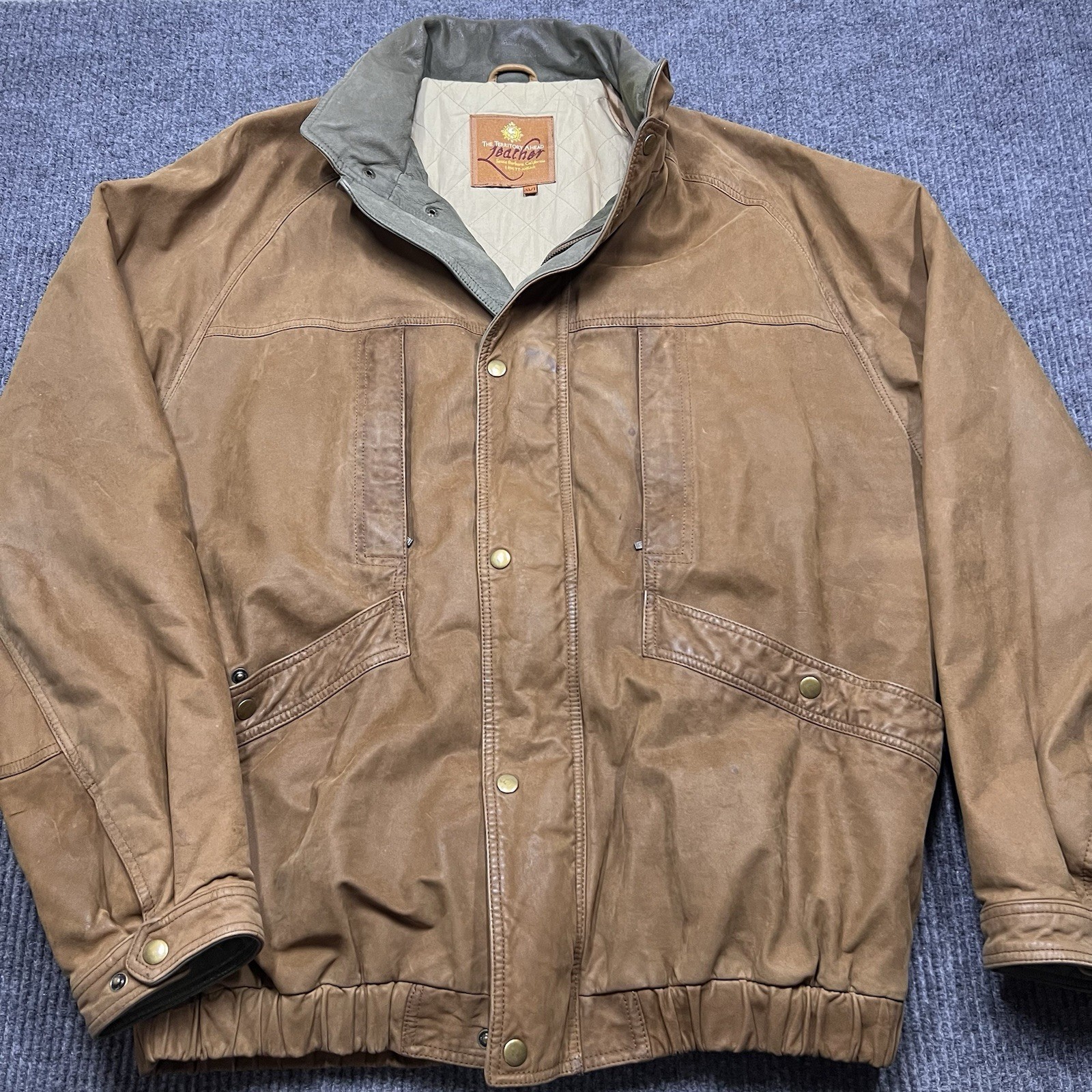 The Territory Ahead Vintage Leather Jacket Men’s XL flannel Hooded Brown Bomber