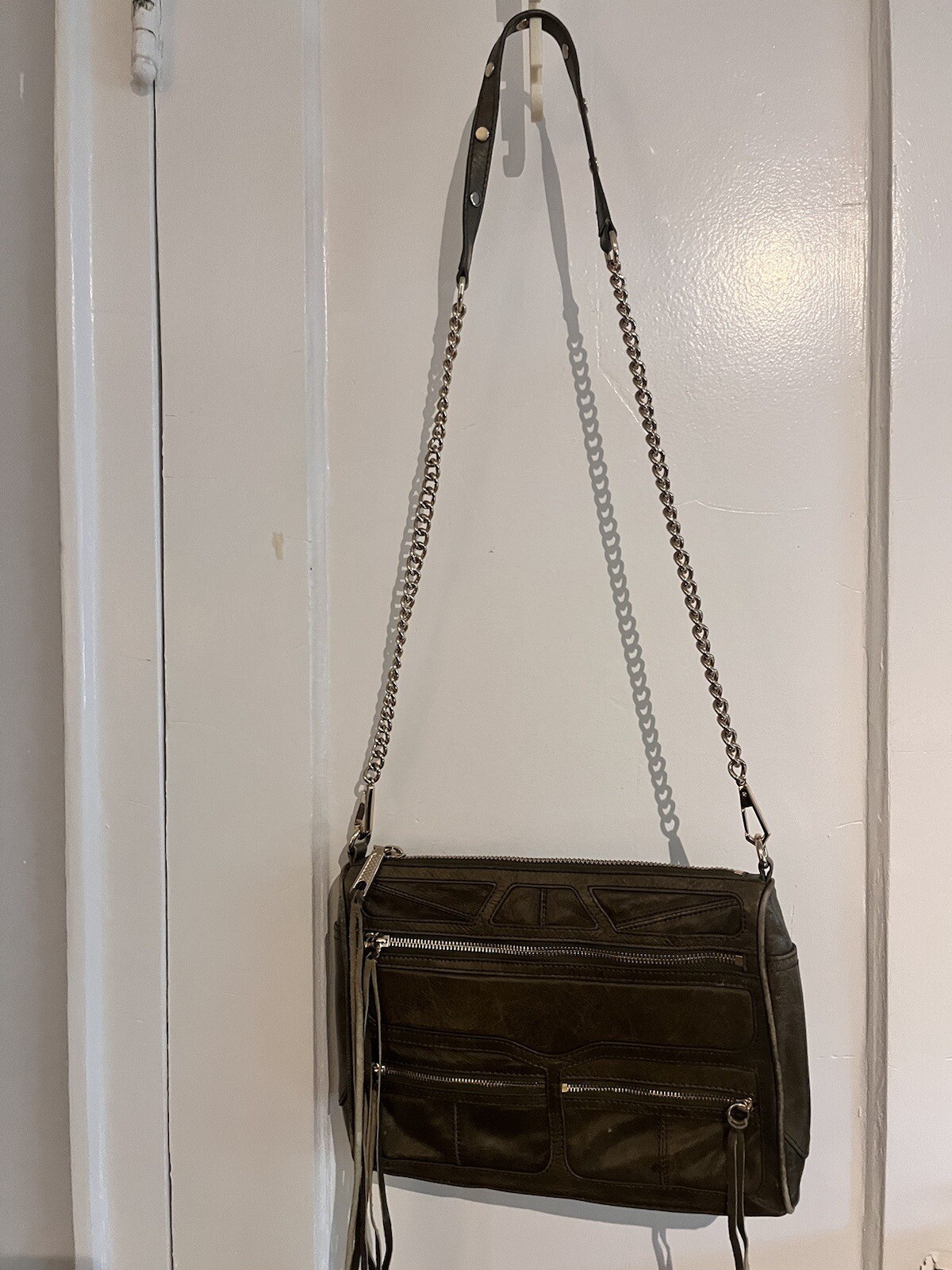 Rebecca Minkoff Tri Zip Mac Crossbody Bag Distressed Leather Kiwi Excellent