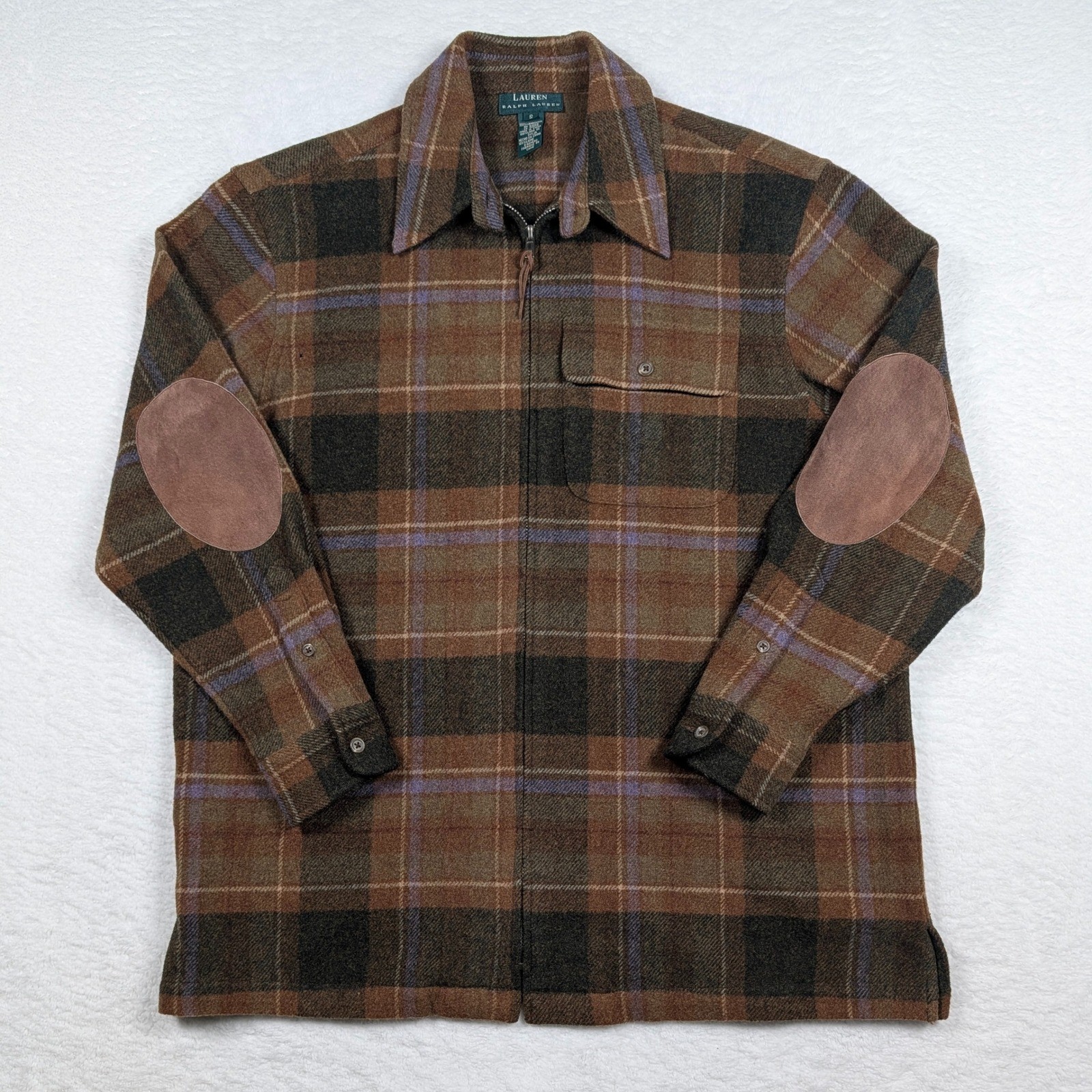 Lauren Ralph Lauren Shacket Mens S Plaid Lambswool Full Zip Elbow Patches FLAWS