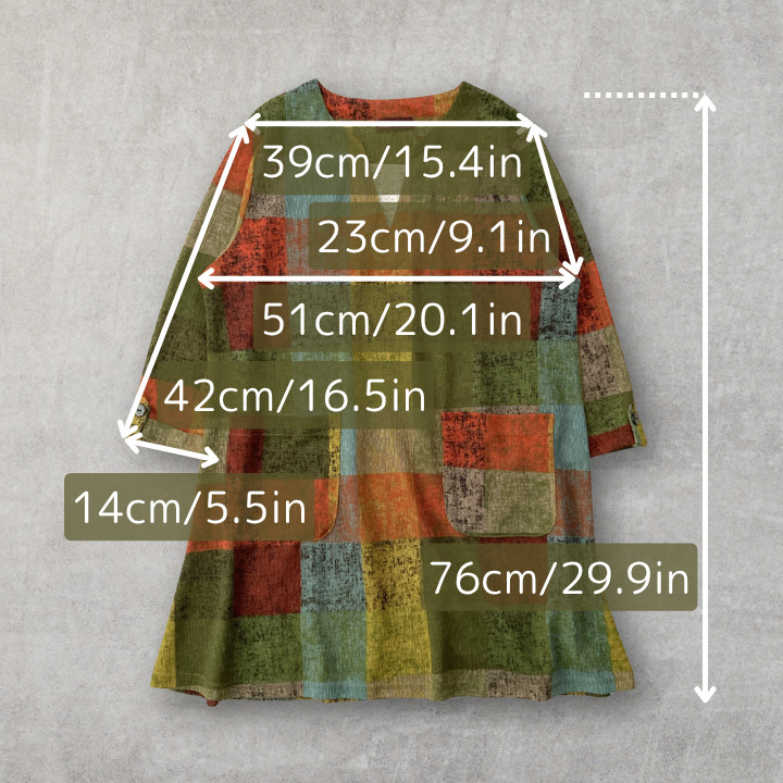 Boho Patchwork Style Plaid Tunic Top 3/4 Sleeve Key Neck Multi Color Loose Fit