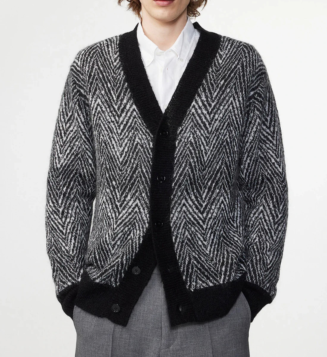 NN07 Billy 6594 V-Neck Wool-Mohair Blend Cardigan Men M Black Multi Button Front