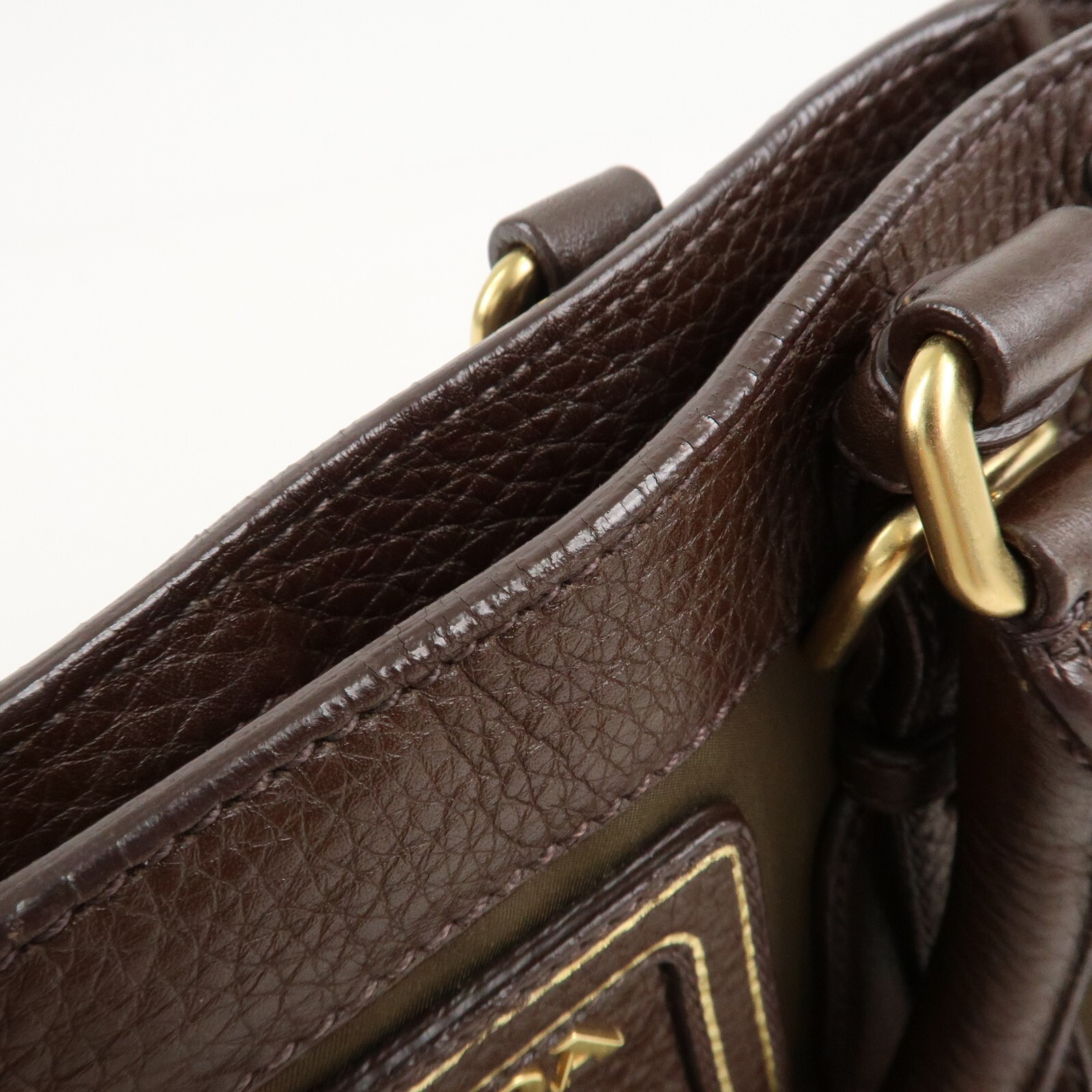 PRADA Logo Hand Bag Kahki Brown Nylon Leather BN1221 Auth Used