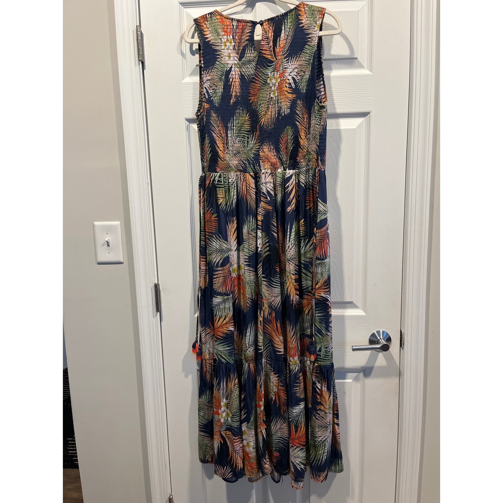 Terra & Sky Navy Tropical Palm Print Smocked Tiered Maxi Dress Sleeveless Womens