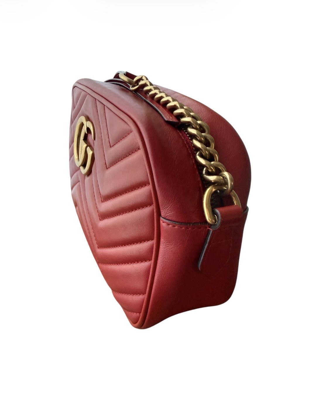 GUCCI GG Marmont Matelasse Red Leather Small Camera Shoulder Crossbody Bag