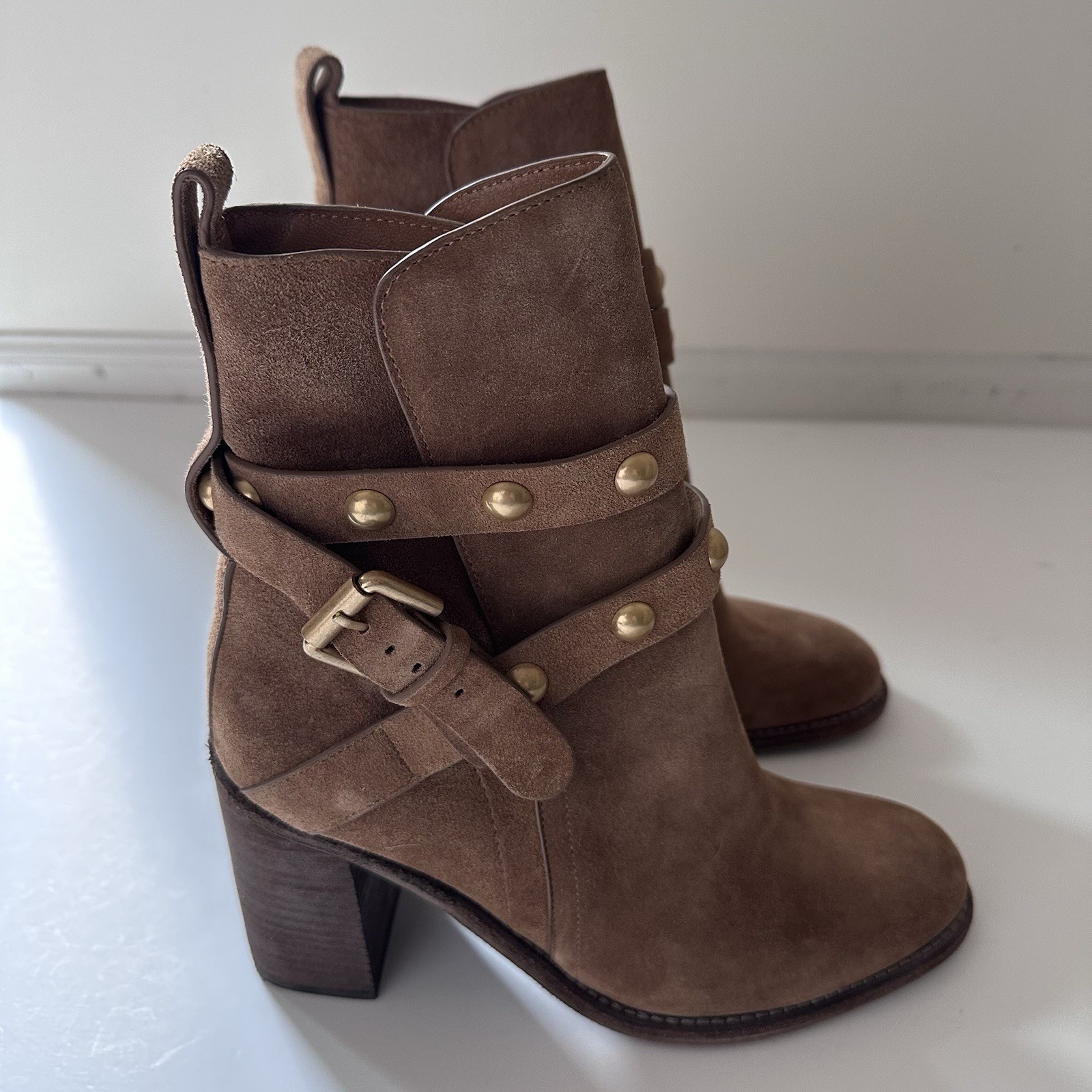 See By Chloe Janis Brown Nubuck Suede Ankle Boots Straps Studs EU 37 US 6.5